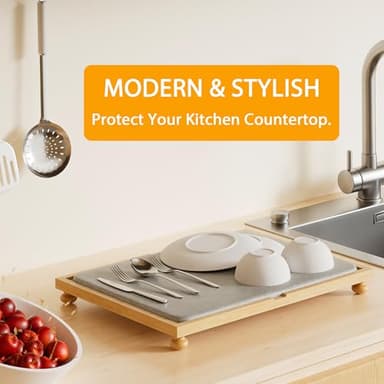 Golener Stone Drying Mat for Kitchen Counter, Dish Drying Pad with Bamboo Rack, Super Absorbent Diatomaceous Earth and Drying Rack, Multi-purpose Quick Drying Mat Rack for Kitchen, 16”x12”, Dark Grey - Image 2