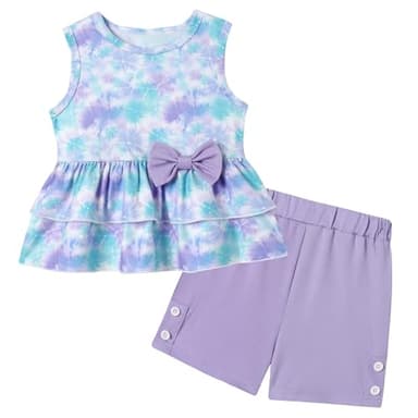 YUEMION Toddler Girl Clothes, 2Pcs Baby Girl Summer Outfits Sleeveless Bow Knot Tank Shirts Tops + Shorts Clothing Sets(Tie-dye pattern + Light purple, 2-3T) - Image 1