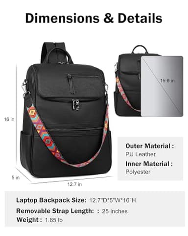 FADEON Laptop Backpack for Women Leather Travel Backpack with Laptop Compartment, Designer PU Shoulder Laptop Bag Black - Image 3