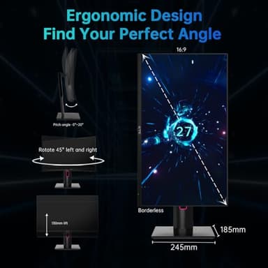KTC 27'' 2K 170Hz Gaming Monitor - Fast IPS 1ms GTG Pc Monitor with FreeSync G-Sync, HDMI/DP/USB Ports, Height/Tilt/Swivel/Pivot Adjust, 131% sRGB and 97% DCI-P3 Color Gamut for Vertical Monitor - Image 4