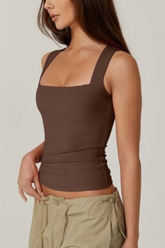 QINSEN Womens Tank Top Sleeveless Square Neck Casual Basic Fitted T- Shirts Brown L - Image 2