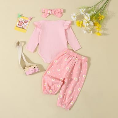 Kaipiclos Newborn Baby Girl Fall Outfits Letter Rib Knit Romper Daisy Belted Pants Headband Infant Clothes 0 3 6 12 18 Months (Pink, 12-18 Months) - Image 3