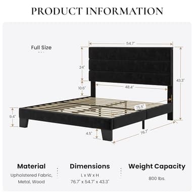 SHA CERLIN Full Platform Bed Frame with Velvet Upholstered Headboard, Mattress Foundation with Strong Wooden Slats Support, No Box Spring Needed, Black - Image 2