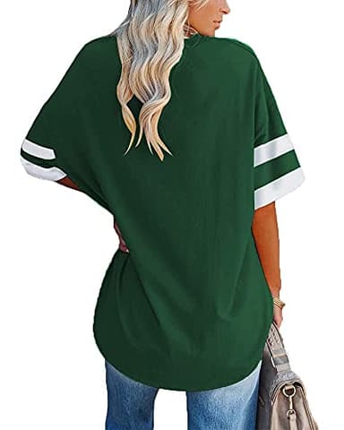 Fisoew Womens Oversized Tees Loose T Shirts Half Sleeve Crew Neck Color Block Cotton Tunic Tops Green - Image 2
