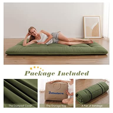Zelladorra Japanese Floor Mattress, Futon Mattress with Portable Storage Bag and Washable Cover, Roll Up Thick Tatami Mat Suitable for Camping, Guest Room, Green, Queen - Image 2