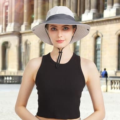 NPQQUAN Ponytail Sun Bucket Hat for Women Men Wide Brim UPF 50+ Fishing & Beach Hats Pink/Grey - Image 7