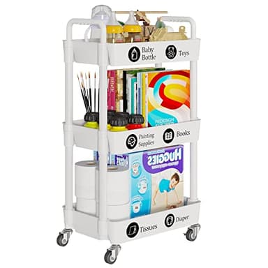 Laiensia 3-Tier Rolling Cart with Wheels,Multifunction Utility Storage carts, Kitchen Storage Organizer,Mobile Shelving Unit for Bathroom,Laundry,with Classified Stickers,White - Image 7