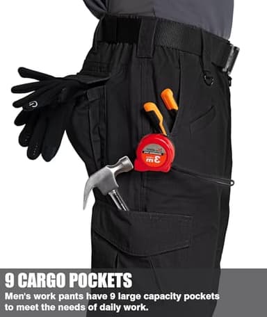 Zoofly Mens Hiking Pants with Pockets Water Proof Cargo Work Pants for Men Ripstop Army Cargo Pants Elastic Waist Black 40W*34L - Image 2