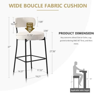 DYHOME Bar Stools Set of 3, White 28" Counter Height Bar Stools with Curved Back, Boucle Barstools with Metal Leg, Mid-Century Modern Bar Chairs for Kitchen Island, Dining Room - Image 3
