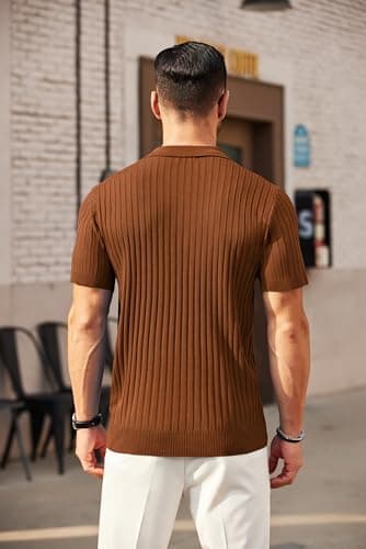 COOFANDY Men's Zipper Polo Shirts Short Sleeve Ribbed Knit Polo T Shirts Fashion Casual Golf Shirts Brown - Image 4