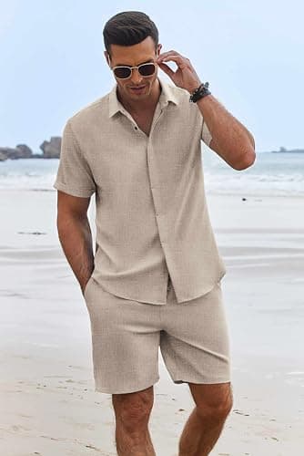 COOFANDY Men's Shirt and Short Sets Cruise Outfits for Men, khaki, X-Large - Image 3