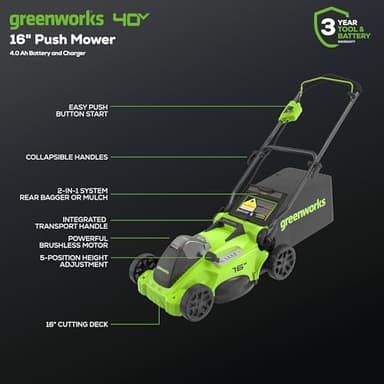 Greenworks 40V 16" Brushless Cordless (Push) Lawn Mower (75+ Compatible Tools), 4.0Ah Battery and Charger Included - Image 2