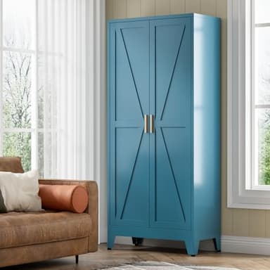 COFaR Home Farmhouse Storage Cabinet with Barn Door, Tall Kitchen Pantry Cupboard with Adjustable Shelves, for Dining Room, Bathroom, Living Room Blue - Image 8