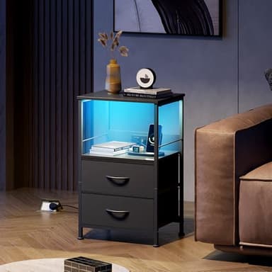 WLIVE Night Stand Set of 2 with Charger Station, Black Nightstand Sets with 2 Fabric Drawers and Storage Shelf, LED Bedside Table, Bedroom Small End Tables with 3 USB Ports and 2 AC Outlets - Image 7