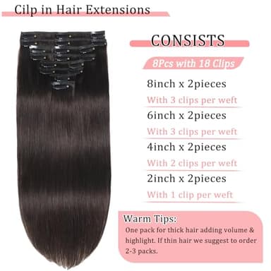 Clip in Hair Extensions Real Human Hair for Women Seamless Invisible Dark Brown Natural 8pcs Double Weft 16 inch 3.2oz/90g - Image 2