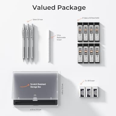 Nicpro 0.9 mm Metal Mechanical Pencil Set with Case, with 3PCS MP1000 0.9mm Drafting Pencil, 8 Tubes HB Lead Refills, 3PCS Eraser, Erasers Refills for Artist Writing, Drawing, Sketching, Silver - Image 7