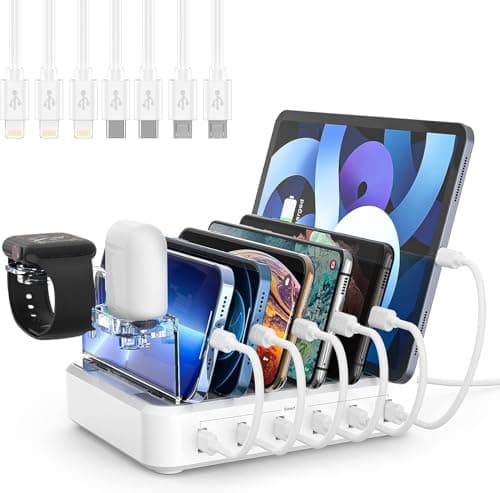 Charging Station for Multiple Devices,60W 6 Port Charger Station with 7 Mixed Charging Cables,USB Charging Dock,Compatible with Cellphone,Tablet, Kindle, iPhone iPad and More (White) - Image 1