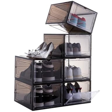 Attelite Shoe Box,Set of 6,Stackable Plastic Clear Shoe Box Organizer with Magnetic Door,Shoe Storage Box Thicken Sturdy,Easy Assembly,Fit up to US Size 12,Black - Image 1