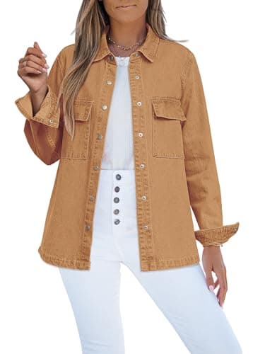 luvamia Jacket For Women Long Jean Jacket For Women Brown Jacket Distressed Denim Jacket Fall Jackets For Women Casual Shirts For Women Women'S Denim Jackets Size X-Large Size 16 18 - Image 1