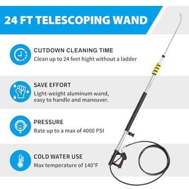 ExtraFein 24FT Telescoping Pressure Washer Extension Wand, Aluminum Power Washer Extension Wand, Solar Panel Cleaner Pole with Brush Head, 7 Nozzle Tips, 3 Adapters, Support Belt - Image 7