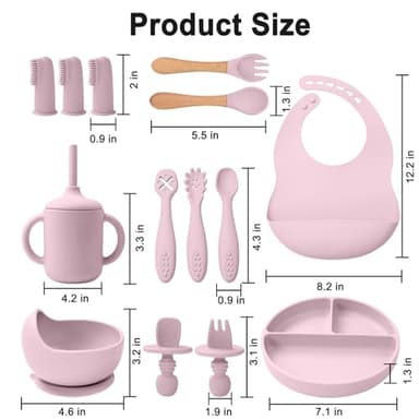 LITTLE RAWR Silicone Baby Feeding Set 14 Pcs,Baby Led Weaning Supplies, Baby Spoons Suction Bowl Divided Plate Bib Cup Finger Brush,First Stage Solid Food Eating Utensils - 6+ Months(Light Pink) - Image 7