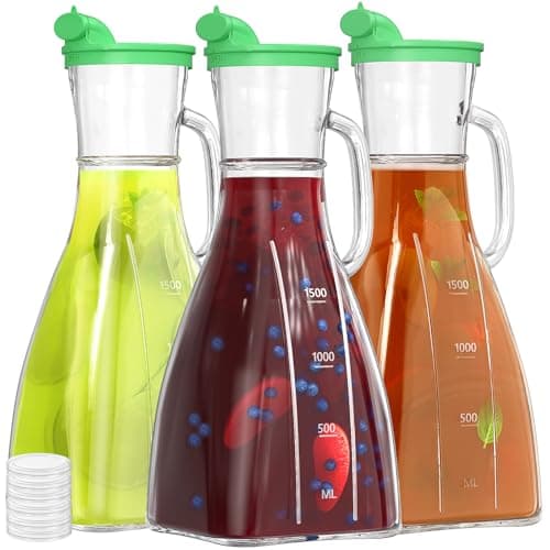 3 Pack Glass Pitcher with Lid, 2 Quart Square Juice Carafe for Mimosa Bar, Drink Dispensers for Parties, 64 Oz Water Jugs with 3 Silicone Spouts for Juice, Wine, Beverage, Sun Tea (Extra PE Lids) - Image 1
