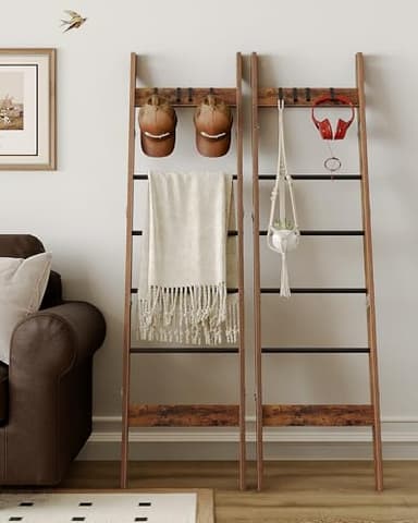Hzuaneri Blanket Ladder for Living Room, Decorative Quilt Rack with 4 Removable Hooks, 5-Tier Farmhouse Ladder Holder Shelf Organizer for Bedroom, Rustic Brown and Black BR31501B - Image 7