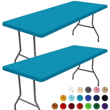 Moosfor Spandex 8 Foot Rectangle Table Cloth 2 Pack, Elastic Fitted Tablecloths for Picnic, Stretch Washable Patio Table Cover for Outdoor, Camping, Banquet and Parties (Teal, 30"x96") - Image 1