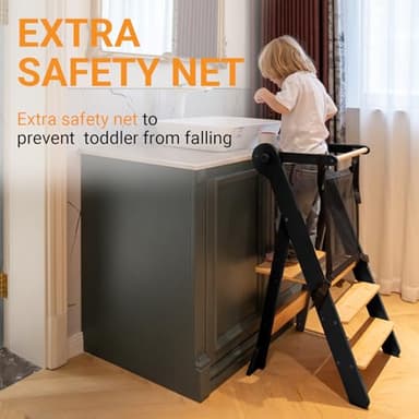 COSYLAND Foldable Toddler Standing Tower - Adjustable Height Folding Step Stool Kid Toddler Kitchen Stool Helper for Learning and Cooking - Ages 18 Months to 6 Years with safety Net Natural & Charcoal - Image 4