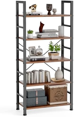 DUMOS 5 Tiers Bookshelf, Classical Modern Book Shelf, Tall Display Shelves in Living Room/Home/Office, Storage Organizer for CDs/Books/Movies, Rustic Brown | Book Shelf, in Living Room, Home, Office, Storage Organizer, for CDs - Image 3