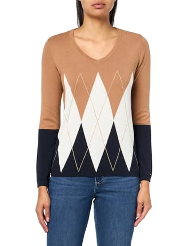 Tommy Hilfiger Womens V-Neck Long Sleeve Ivy Argyle Sweater, Brown Sugar Multi, X-Small - Image 1