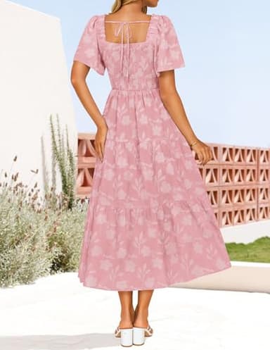 ZESICA Women's Summer Boho Floral Midi Dresses 2025 Casual Short Sleeve Square Neck Flowy Beach Vacation Long Dress,Pink,X-Large - Image 3