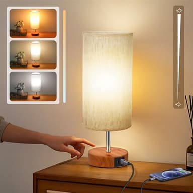 Aokudoni Stepless Dimming Small Lamp with 3 Color Temperature, Touch Table Lamps for Nightstand with USB A + C Ports, Bedside Lamps for Living Room Bedroom, Gifts for Girl Mom, Beige - Image 1