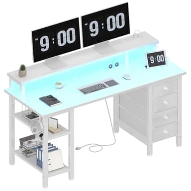 Lufeiya White Desk with Drawers Storage - 47 inch Home Office Computer Gaming Desks with Monitor Stand LED Lights and Power Outlets, White - Image 1