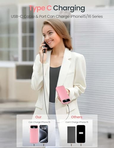 12000mAh Lightweight-Portable-Charger-Power-Bank with Built-in Cables and AC Wall Plug, PD20W USB-C Fast Charging Battery Pack, LED Display External Travel Phone Charger for All iPhone,Samsung,Android - Image 5