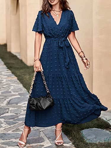MASCOMODA Dresses for Women 2025 Short Flutter Sleeve Tiered Maxi Swiss Dot Solid V Neck Wedding Guest Dress with Belt(Navy,X-Large) - Image 6