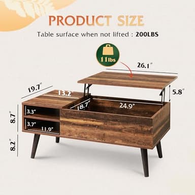 WLIVE Lift Top Coffee Table for Living Room,Small Coffee Table with Storage, Adjustable Shelf and Storage Compartment, Mid Century Modern Living Room Table, Wood, Rustic Brown - Image 3