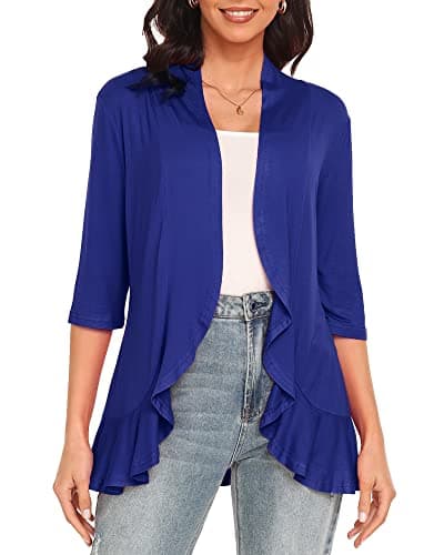 Argstar 3/4 Sleeve Cardigan for Women, Lightweight Open Front Casual Soft Draped Ruffles Royal Blue M - Image 1