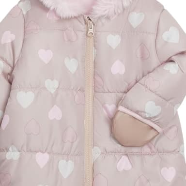 Carter's Infant Unisex Baby Puffer Pram Suit – Faux Fur Trim Hooded One-Piece with Cozy Insulation, Cream Pink Hearts, 6-9 Months - Image 2