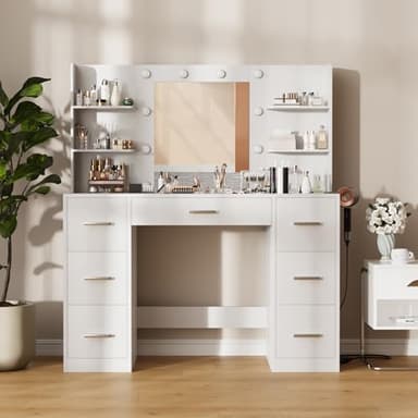Furmax Vanity Desk with Mirror, LED Lights and Power Outlet Makeup Vanity Table with 7 Drawers and 6 Storage Shelves Dressing Table for Bedroom Dressing Room (White) - Image 5