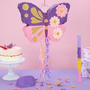 WERNNSAI Butterfly Piñata - Butterfly Birthday Party Supplies Pinata with Stick and Blindfold for Girls Kids Pull String Piñata Family Games Classroom Birthday Party Decorations 16.4” x 12.4” - Image 2