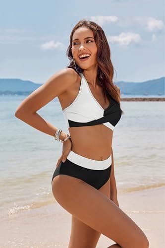 AI'MAGE Women's High Waisted Bikini Sets Tummy Control Swimsuits 2025 Two Piece Bathing Suits Color Block HalterSwim Suits, Black and White, S - Image 3