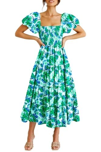 PRETTYGARDEN Women's Casual Summer Midi Dress Puffy Short Sleeve Square Neck Smocked Tiered Ruffle Dresses (Floral Green,Large) - Image 1