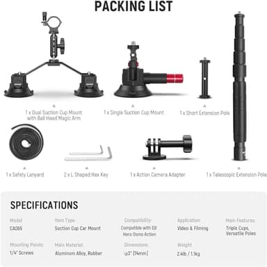 NEEWER Triple Suction Cup Car Mount Kit with 2in1 Extension Pole/Selfie Stick, Quick Release Outside Windshield Magic Arm Camera Mount with Action Camera Adapter Compatible with GoPro Insta360, CA065 - Image 8