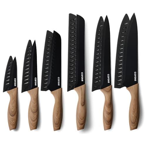 CAROTE 12PCS Knife Set, Stainless Steel Kitchen Knife Set with Nonstick Ceramic Coating Dishwasher Safe with 6 Blade Guards, Rustproof, Black - Image 1