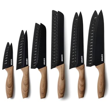 CAROTE 12PCS Knife Set, Stainless Steel Kitchen Knife Set with Nonstick Ceramic Coating Dishwasher Safe with 6 Blade Guards, Rustproof, Black - Image 1
