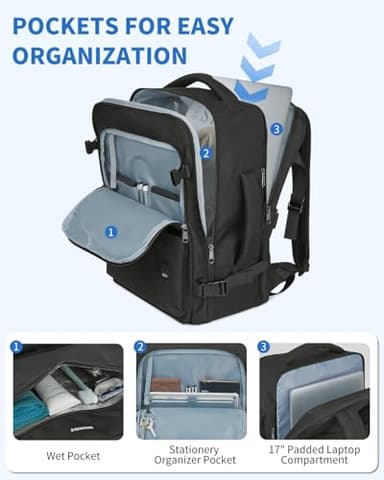 WANDF Travel Backpack For Spirit Airlines Personal Item Bag 18x14x8 with Wet Pocket, 17 Inch Laptop Backpack for Men Women（Black） - Image 3