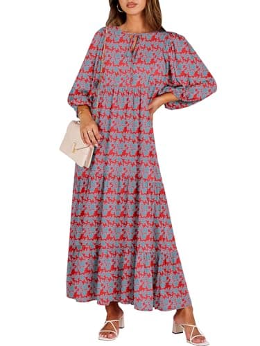 ANRABESS Womens Boho Maxi Dresses 2025 Summer V Neck Puff Sleeve Floral Flowy Swing Fall Casual Long Dress Red Blue Small - Image 1