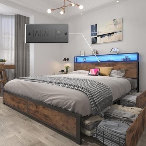 Lifezone Queen Bed Frame with 2-Tier Storage Headboard, Metal Platform Bed Frame with 4 Storage Drawers, Built in Charging Station & LED, Noise-Free/Metal Support/No Box Spring Needed, Vintage Brown - Image 1