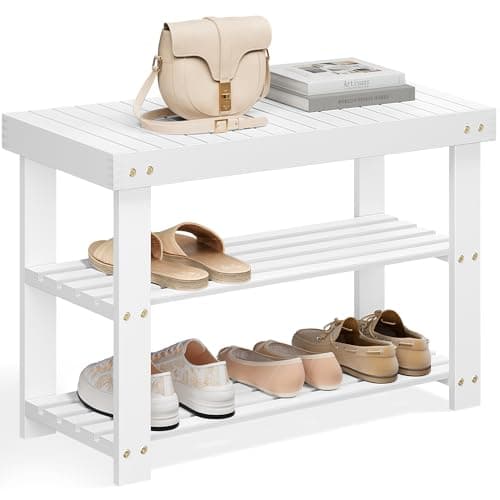 SONGMICS Shoe Rack Bench, 3-Tier Bamboo Shoe Storage Organizer, Entryway Bench, Holds Up to 286 lb, 11.3 x 27.6 x 17.8 Inches, for Entryway Bathroom Bedroom, Cloud White ULBS004W01 - Image 1